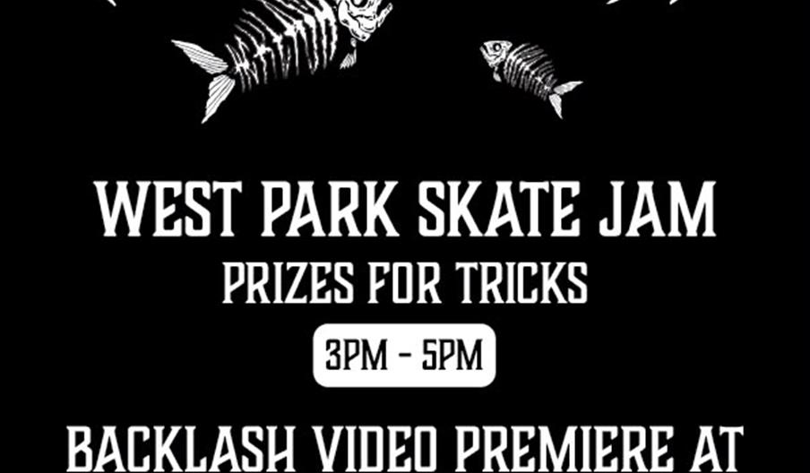 Poster for "Backlash," an independent skate film produced in Hull, advertising a West Park Skate Jam with prizes for tricks from 3pm to 5pm, followed
