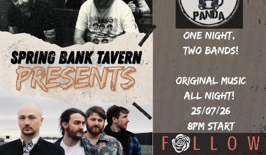 Promotional poster for a live music event at Spring Bank Tavern featuring two bands, Bad Panda and Follow Deep, with band photos, event date of 25/07/