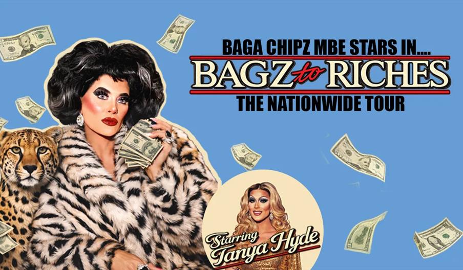 Promotional image for "Bagz to Riches: The Nationwide Tour" featuring a glamorous drag queen in a fur coat holding money with a cheetah beside her, su