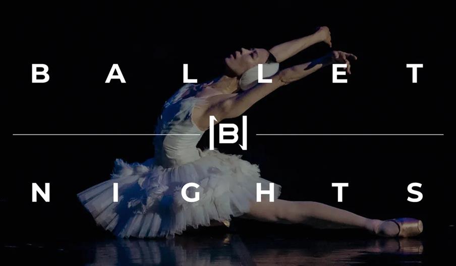 A ballerina in a white tutu performs a dramatic pose on stage with one leg extended and arms reaching back, set against a dark background. Overlaid te