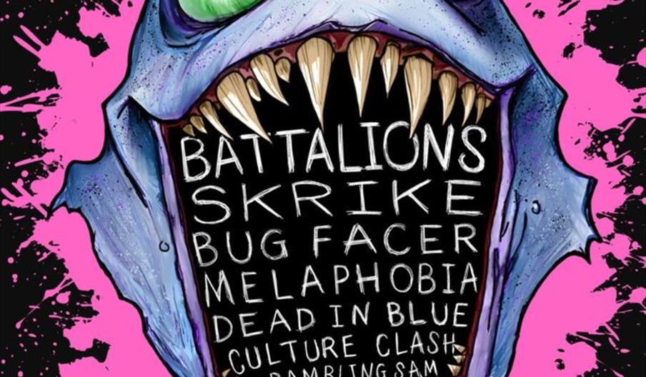 Poster for "Barbedfest" featuring the open mouth of a blue monster with sharp teeth and bulging green eyes, announcing a music event with band names w