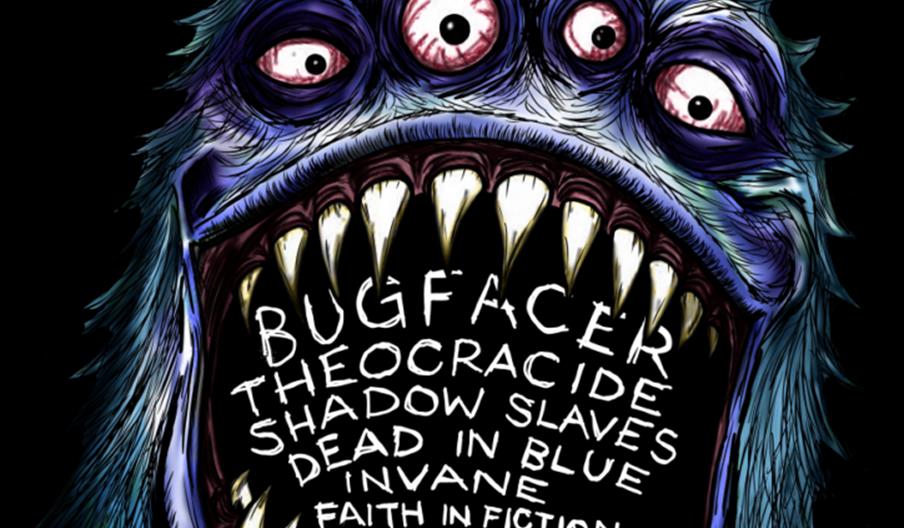 A poster for "Barbedfest v2.0" features an illustration of a blue, hairy monster with five eyes and large, sharp teeth. The names of performing bands