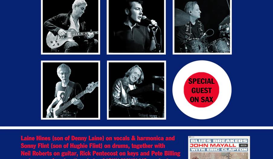 Concert poster for Sonny Flint's Beano Bluesbreakers, featuring black-and-white photos of band members playing instruments and singing. Text highlight