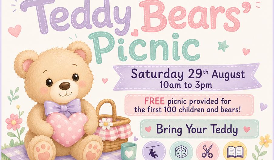 Illustrated poster for a "Teddy Bears' Picnic" at Hull Minster, featuring a cute teddy bear holding a pink heart cushion, sitting on a picnic blanket