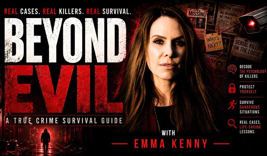 A promotional image for a program called "Beyond Evil" featuring psychologist and TV crime commentator Emma Kenny.