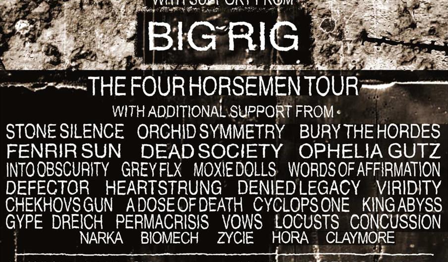 A dark, distressed band tour poster for "The Four Horsemen Tour" features chaotic white text over a grungy stone background. The headlining band name