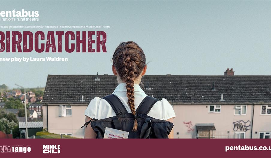 A girl with braided hair, seen from behind, stands facing a row of suburban houses; she wears a school uniform and backpack. Large text above her read