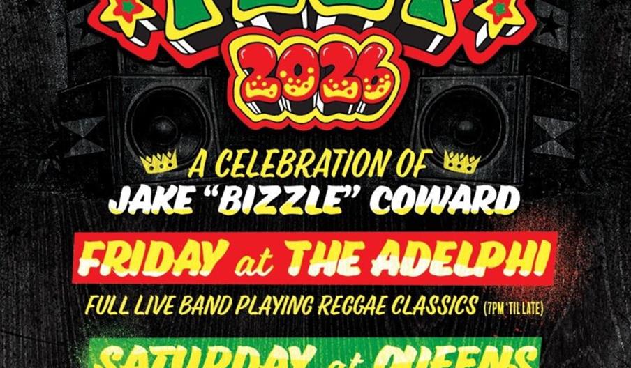 Colourful event poster for "Bizzle Fest 2023," a celebration of Jake "Bizzle" Coward, featuring reggae, dancehall, and dub music. The festival is on J