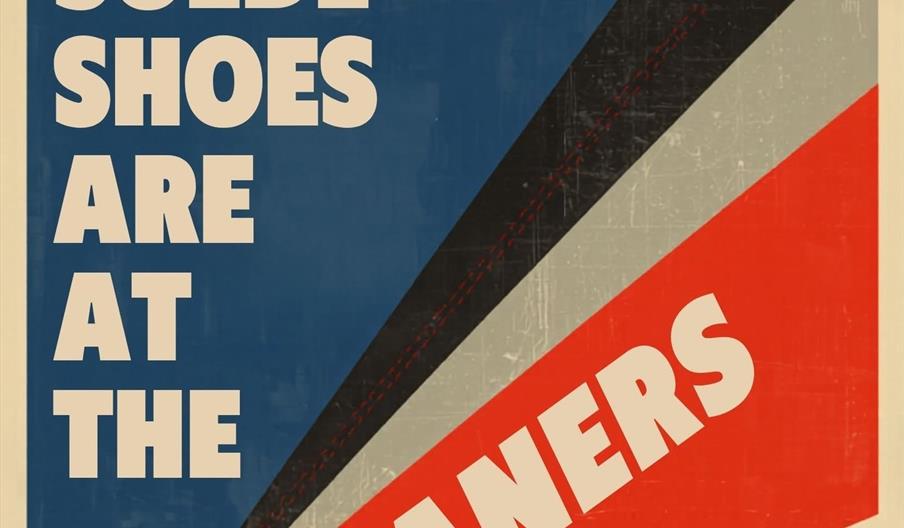 Poster for a book launch featuring bold text that reads "MY BLUE SUEDE SHOES ARE AT THE CLEANERS" with "CLEANERS" in large red letters, and details be