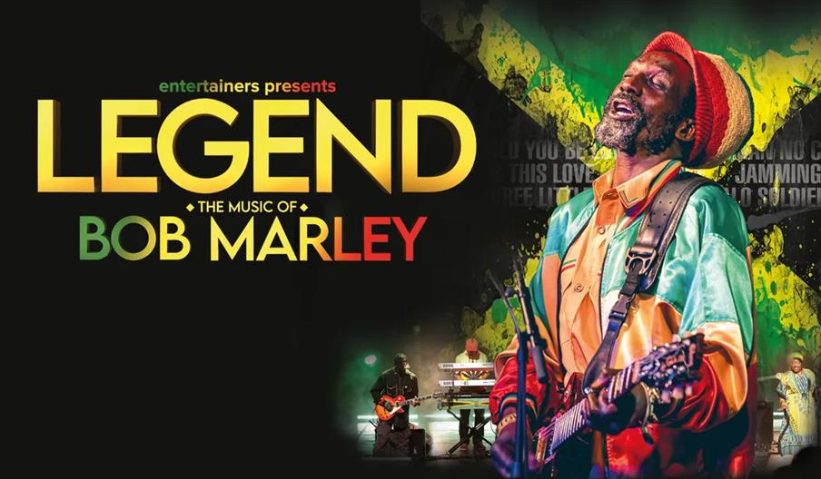 Promotional image for "Legend: The Music of Bob Marley" featuring a musician in colorful attire and a red, yellow, and green hat playing guitar and si