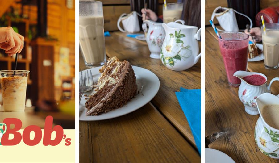 A collage of three images: the first shows a person stirring an iced coffee with the "Bob's" logo in the corner; the second features a slice of layere