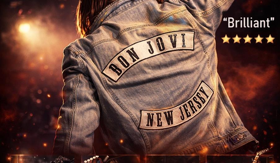 Promotional poster for a "Service Station Rock Night" featuring Bon Joe V, the UK's ultimate Bon Jovi tribute band, with images of the band performing