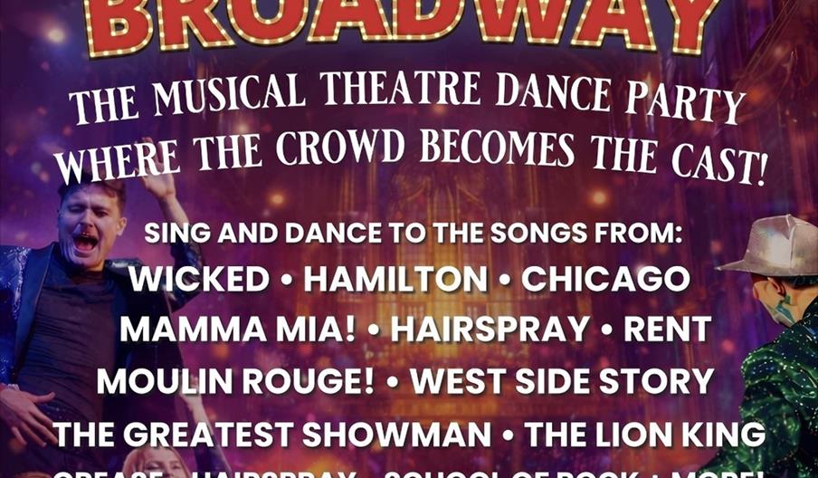 Promotional image for "Boogie Down Broadway," a musical theatre dance party where the crowd becomes the cast, featuring a festive crowd and performers