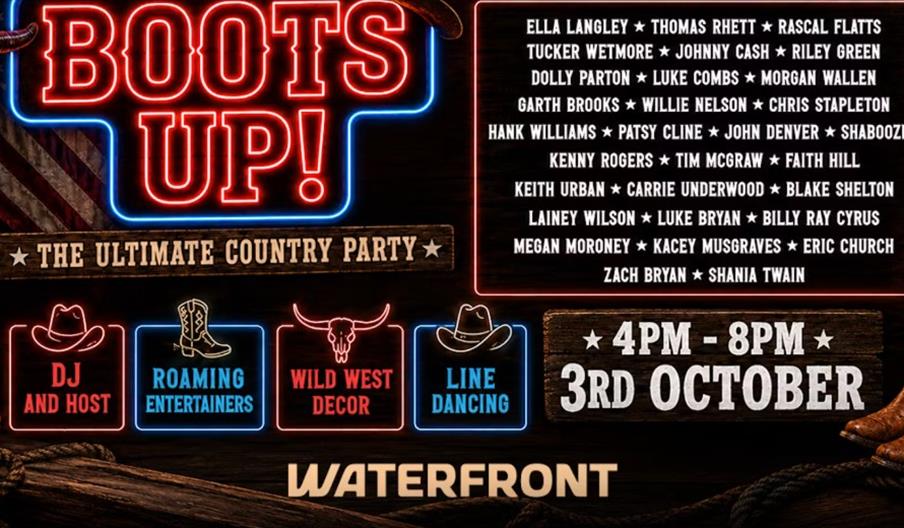 Promotional poster for "Boots Up! The Ultimate Country Party" at Waterfront on October 3rd, 4 PM to 8 PM, featuring DJ and host, roaming entertainers,