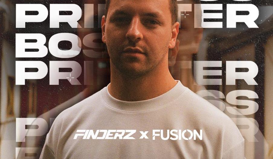 A man stands facing the camera with a neutral expression; bold white text overlays the image, reading "BOSS PRIESTER," "FINDERZ x FUSION," and the dat