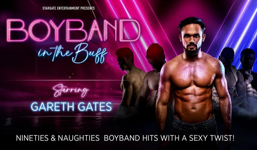 Promotional poster for the show "Boyband in the Buff," featuring a shirtless, muscular man in front of four other silhouetted shirtless men, with neon