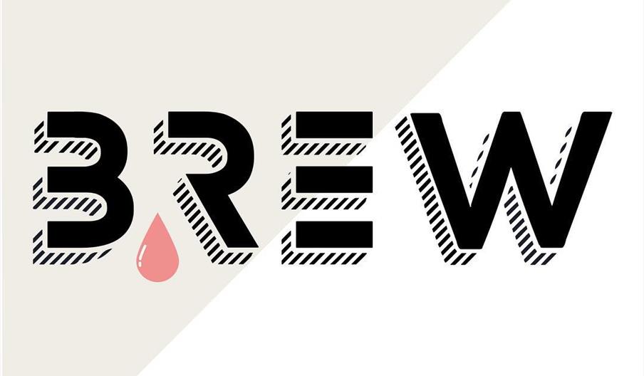 A stylised crosshatch design showing the word 'Brew' with a drop of coffee underneath.