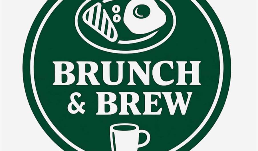 A green logo with a cartoon of a coffee mug and a plate of a full english breakfast, with the words Brunch & Brew in white writing.