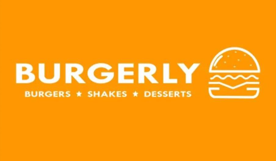 A cartoon of a burger on an orange background, with the words 'Burgerly', 'Burgers', 'Shakes' and 'Desserts' next to it.