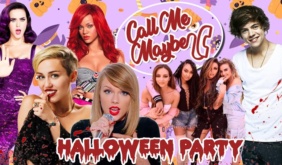 A collage of pop stars with a pastel Halloween-themed background, featuring the text "Call Me Maybe" in red handwriting in the middle and "Halloween P