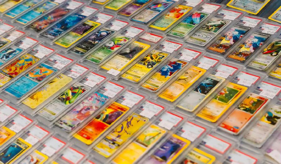 A large collection of Pokémon trading cards in plastic grading cases is displayed in rows on a flat surface, with each card shown clearly through its