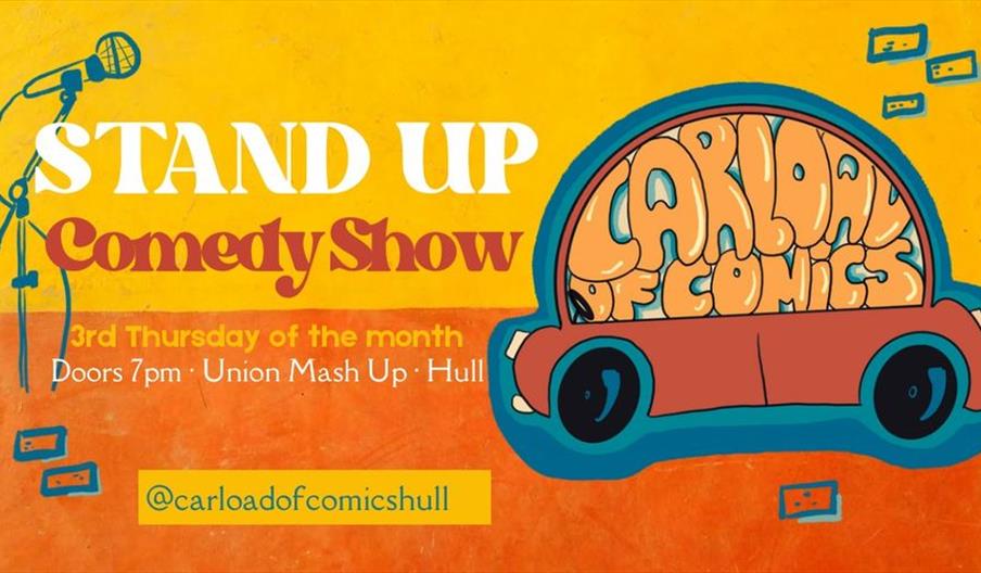 A colourful promotional poster for a stand-up comedy show, featuring a large illustrated car with "Carload of Comics" written inside it. The text deta