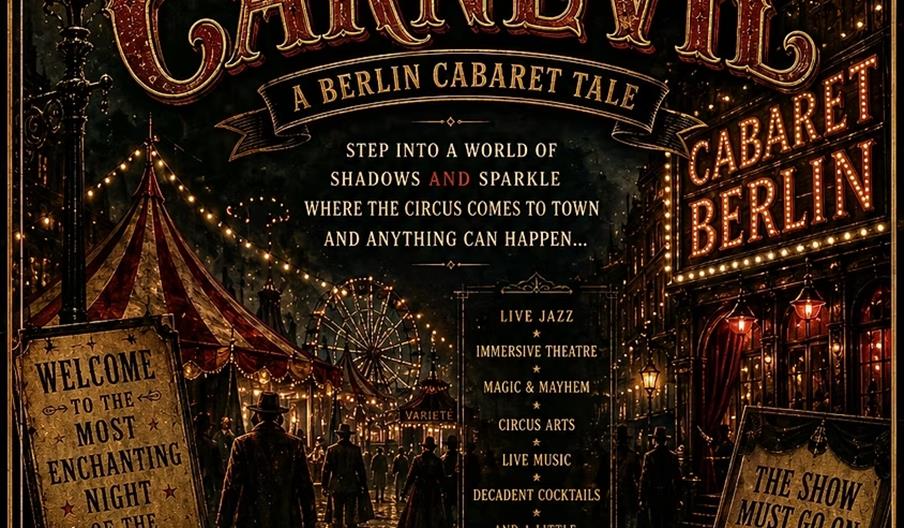 Vintage-style poster for "Carnevil: A Berlin Cabaret Tale" featuring circus tents, string lights, and people in period costumes under a night sky. The