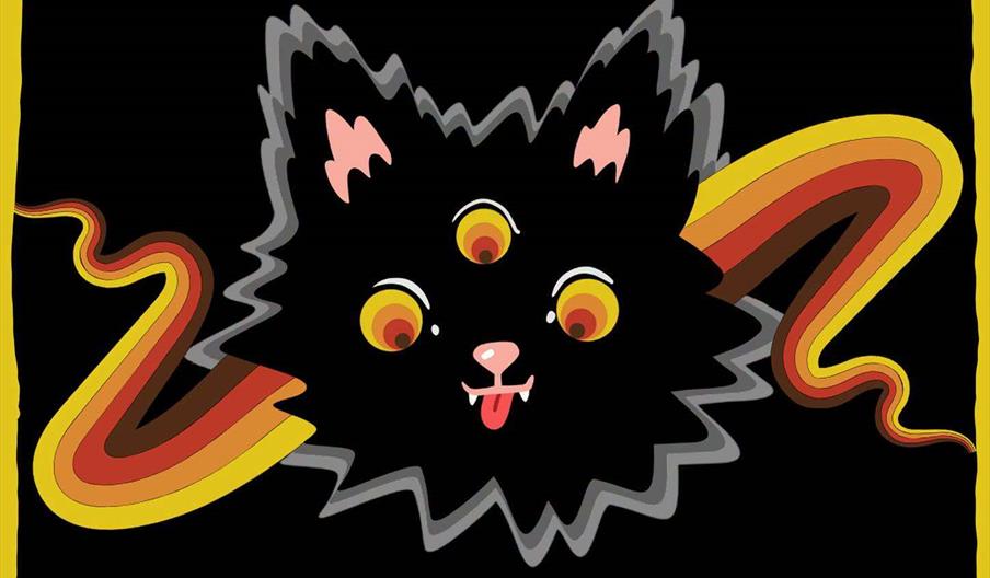 A colourful event poster features a black, three-eyed cartoon cat with rainbow-striped tails, advertising a fundraiser concert called "Cats With Lepro