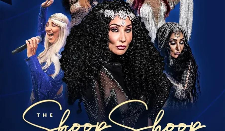 Promotional graphic featuring five different women dressed in glamorous Cher-inspired costumes with elaborate wigs and sparkling outfits, set against