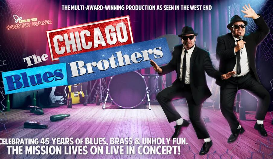 Promotional poster for "The Chicago Blues Brothers" live concert, featuring two men in black suits, hats, and sunglasses performing on stage with a dr