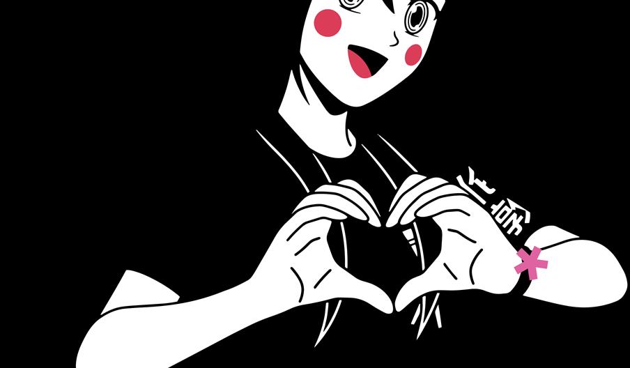 An anime girl making a heart symbol with her hands.