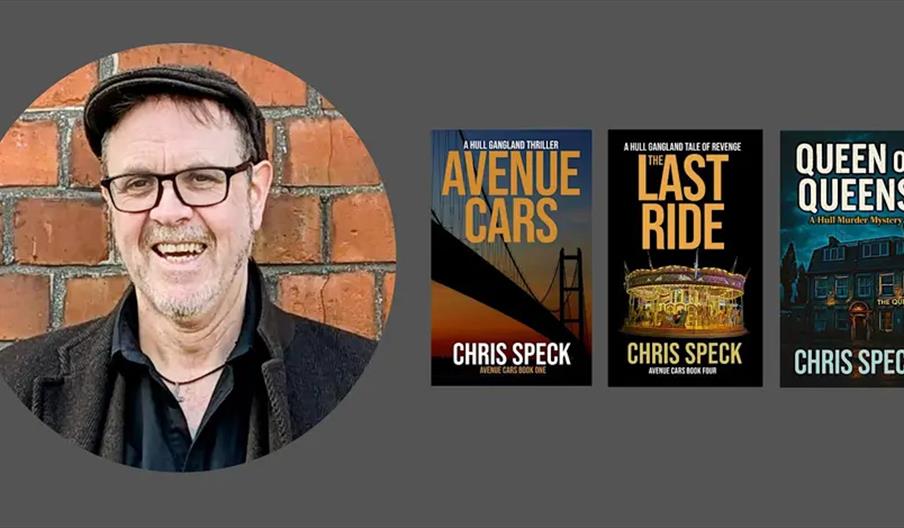 A smiling man wearing glasses, a flat cap, and a dark jacket stands in front of a brick wall. To the right are three book covers titled "Avenue Cars,"