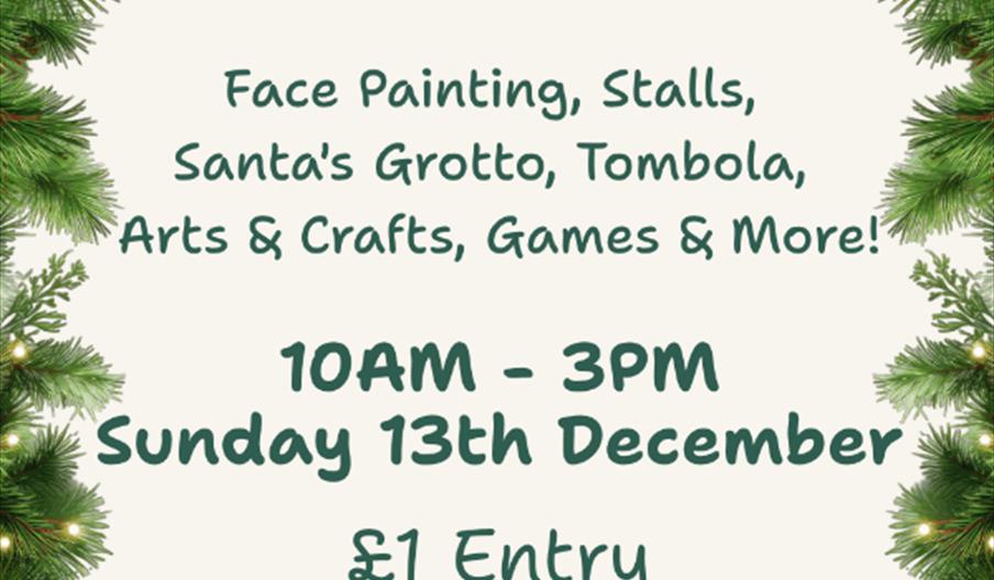 A festive poster with Christmas tree branches framing the edges advertises "Park Street Performing Arts Christmas Fun Day" with activities like face p