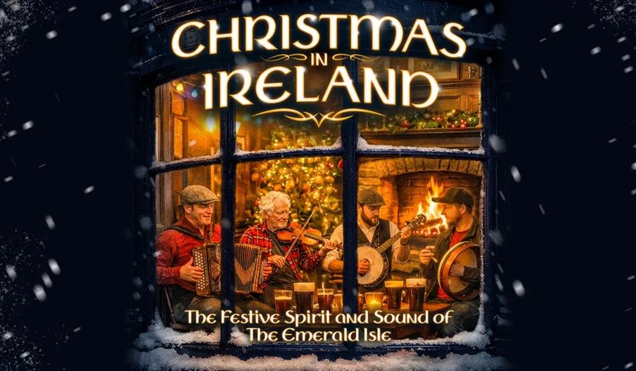 An illustration of four musicians playing traditional Irish instruments around a cozy fireplace, viewed through a window with snow outside, with a dec