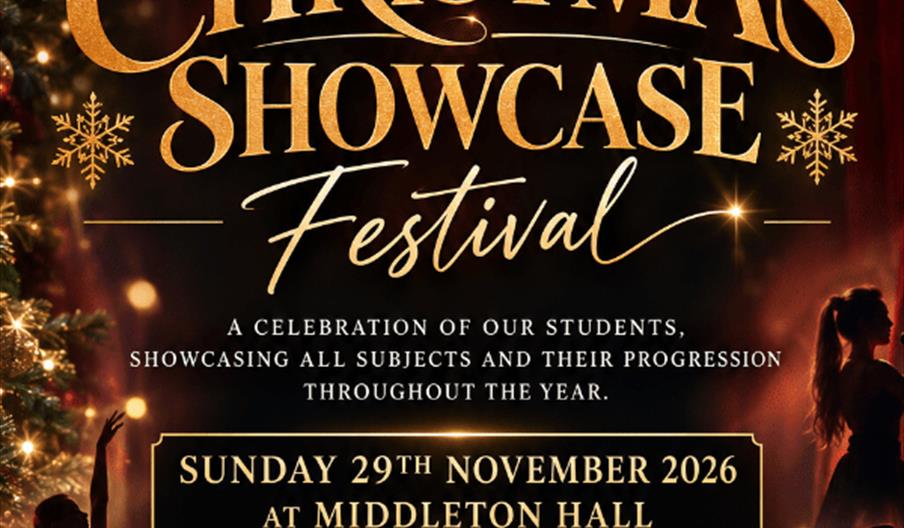Poster for the Christmas Showcase Festival by Little Stars Musical Theatre and 159 Stage Academy, featuring gold festive text, silhouettes of dancers,