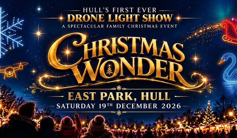 A festive event poster shows illuminated Christmas market stalls and people in winter clothing under a night sky, with drone light show images includi
