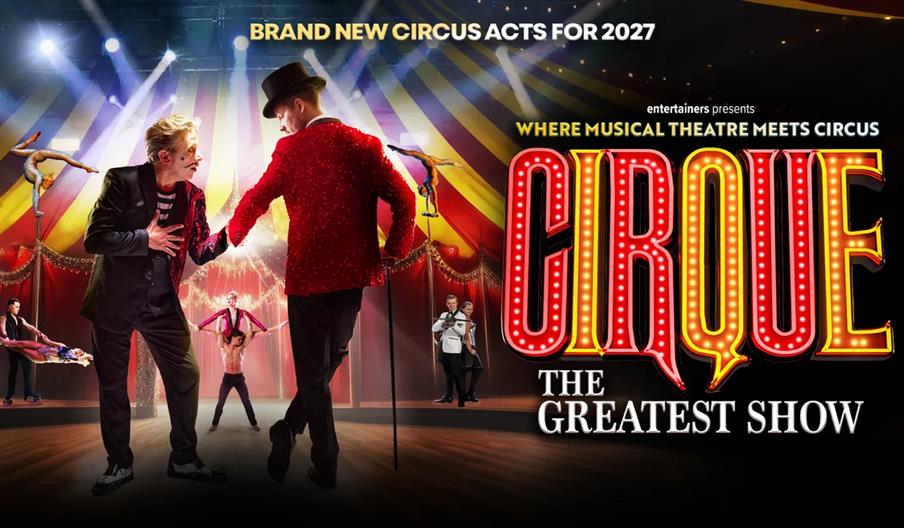 Poster for a circus show titled "Cirque: The Greatest Show," featuring performers in colorful costumes inside a circus tent, with acrobats and musicia
