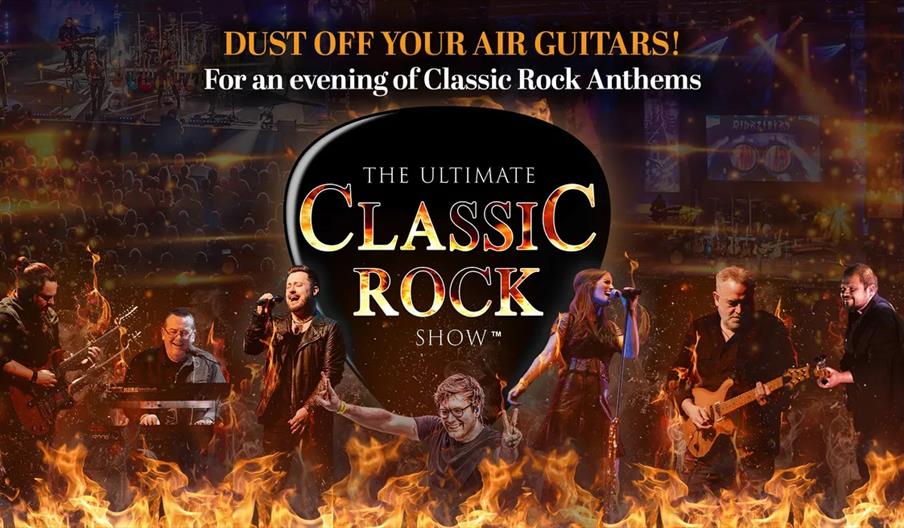 Promotional image for "The Ultimate Classic Rock Show" featuring a band performing on stage with guitars, keyboard, and microphones, surrounded by fla