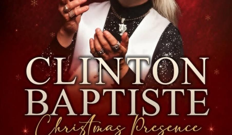Promotional poster for "Clinton Baptiste Christmas Presence" featuring a smiling man with blond hair, wearing a white vest, black shirt, and jewelry,
