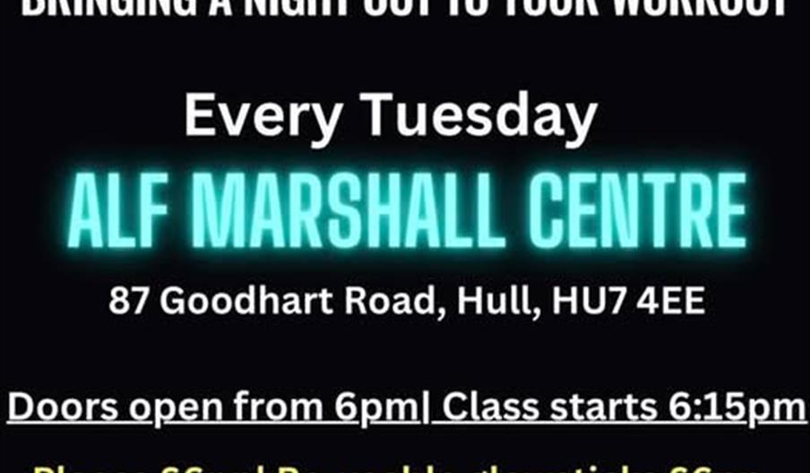 Promotional poster for "Clubbercise with Cydnee" featuring neon colors and a circular logo at the top. The event is held every Tuesday at Alf Marshall