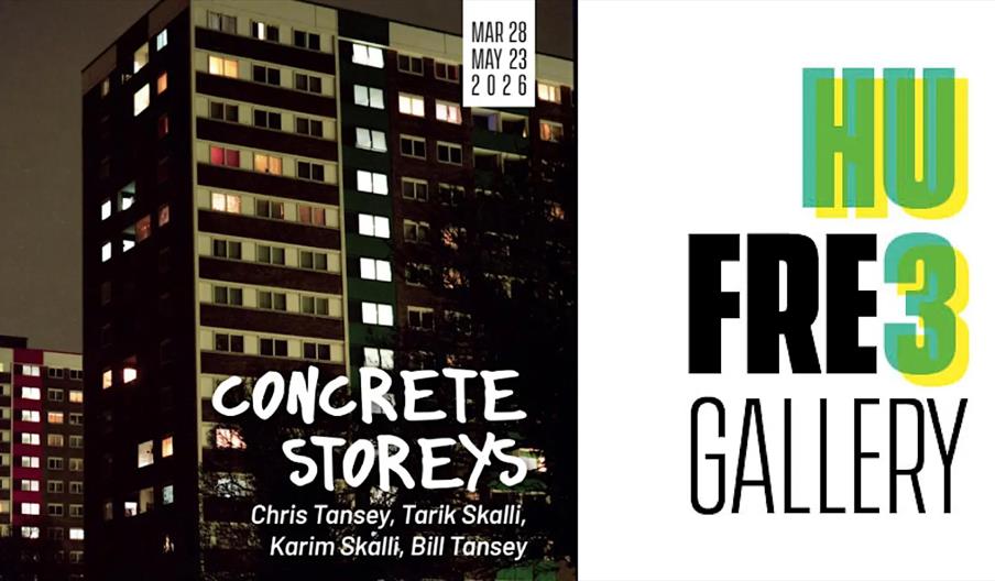 A night view of illuminated apartment buildings with text announcing an art exhibition titled "Concrete Storeys" by Chris Tansey, Tarik Skalli, Karim