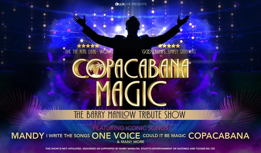 A colourful concert poster showing the silhouette of a performer with raised arms in front of a lit stage, advertising "Copacabana Magic: The Barry Ma