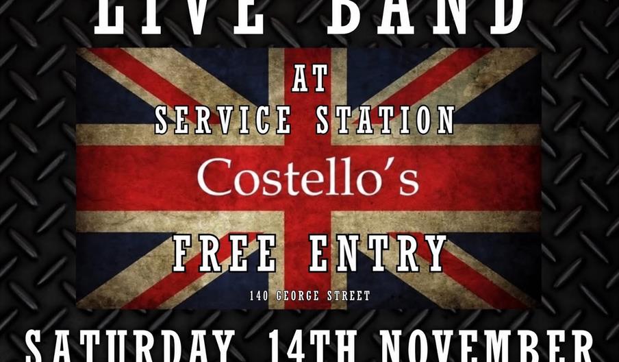 Poster advertising a live band at Service Station Costello's, 140 George Street, with free entry on Saturday, 14th November; background features a wea