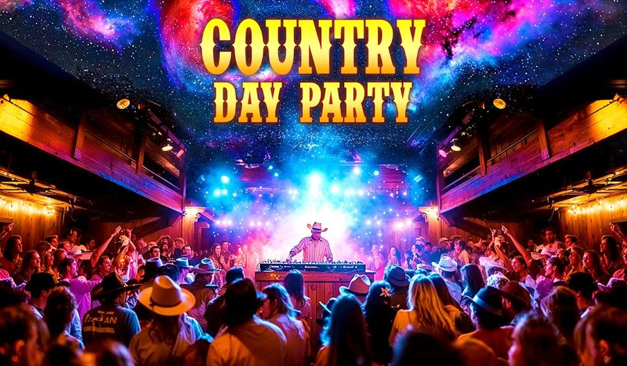 A lively indoor party scene features a DJ in a cowboy hat performing on stage with colorful lights and fog, surrounded by a dancing crowd, many of who