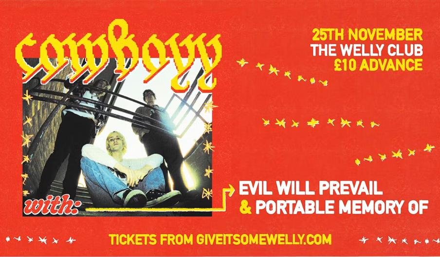 Concert poster with a stylized photo of three people, one sitting and two standing beside metal railings; large yellow text reads "cowboyy." Event det