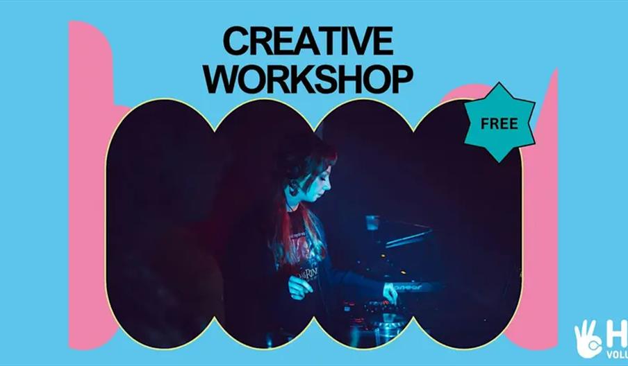 Promotional graphic for a free creative workshop, featuring a person with headphones using DJ equipment, with bold text and colorful design elements o