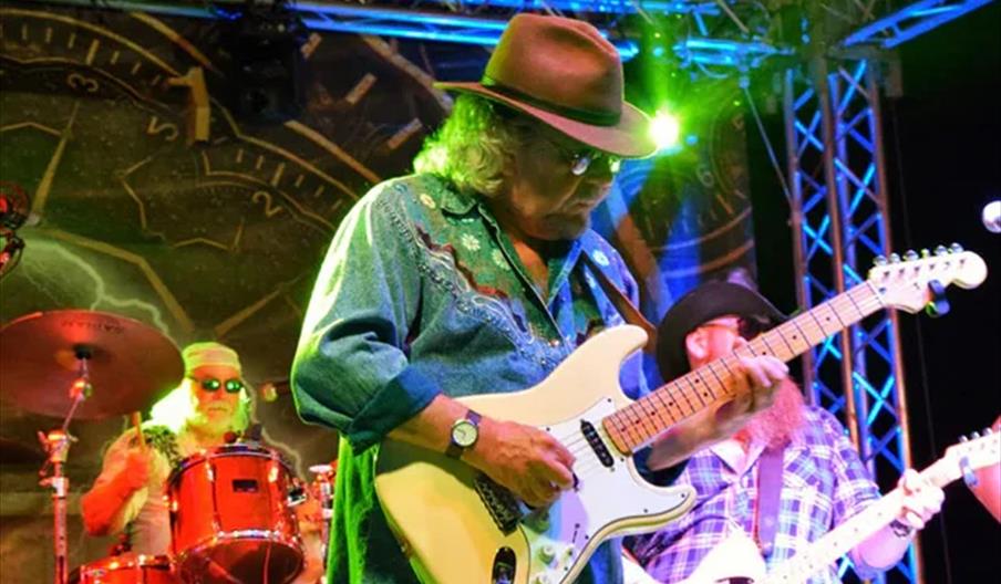 A band performs on stage under colorful lights, with a guitarist in a hat and embroidered shirt playing in the foreground, a bassist to his right, and