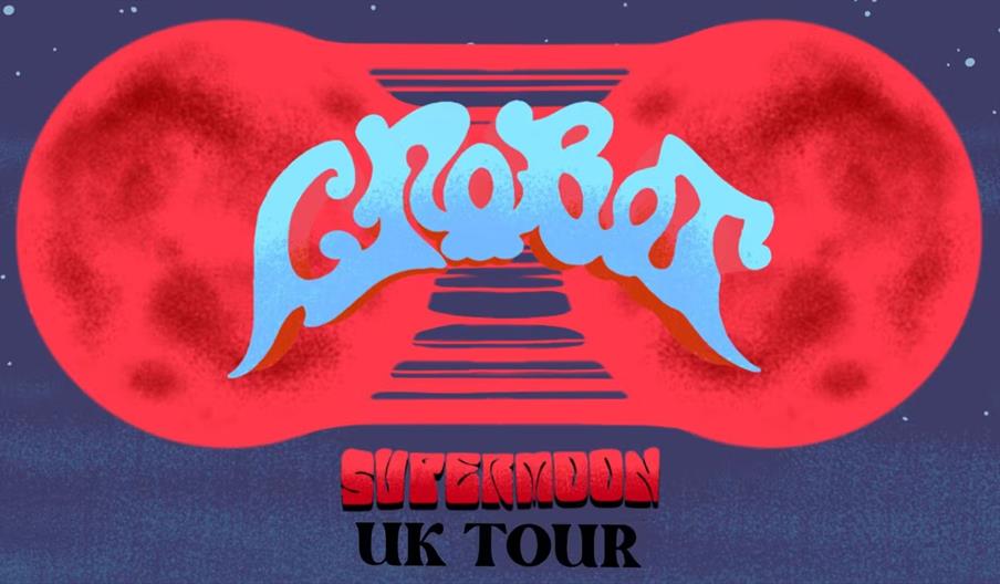 Poster with a stylized red supermoon and blue groovy lettering spelling "Crobot," with "Supermoon UK Tour" written below in red and black. The backgro