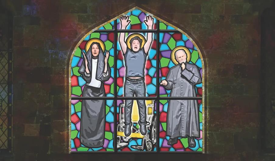 Illustration of a stained glass church window depicting three figures with halos: a nun with hands raised in surprise, a man in casual clothes rising