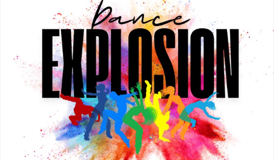 Poster for "Dance Explosion" presented by Footworks, featuring large, bold black text with colorful dancing silhouettes and paint splatters behind it.